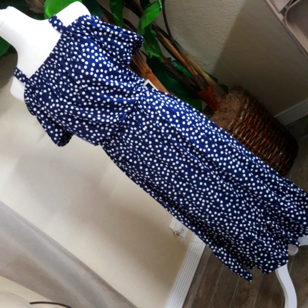 Blue and white polka dot dress